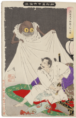 Tsukioka Yoshitoshi - Minamoto no Yorimitsu útočící na pavouka (A3)