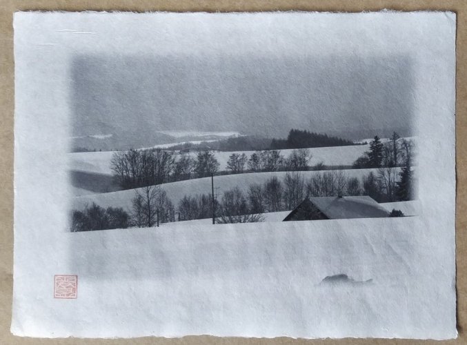 Originální tisk Shozo Kaieda - zasněžená horská vesnice A4